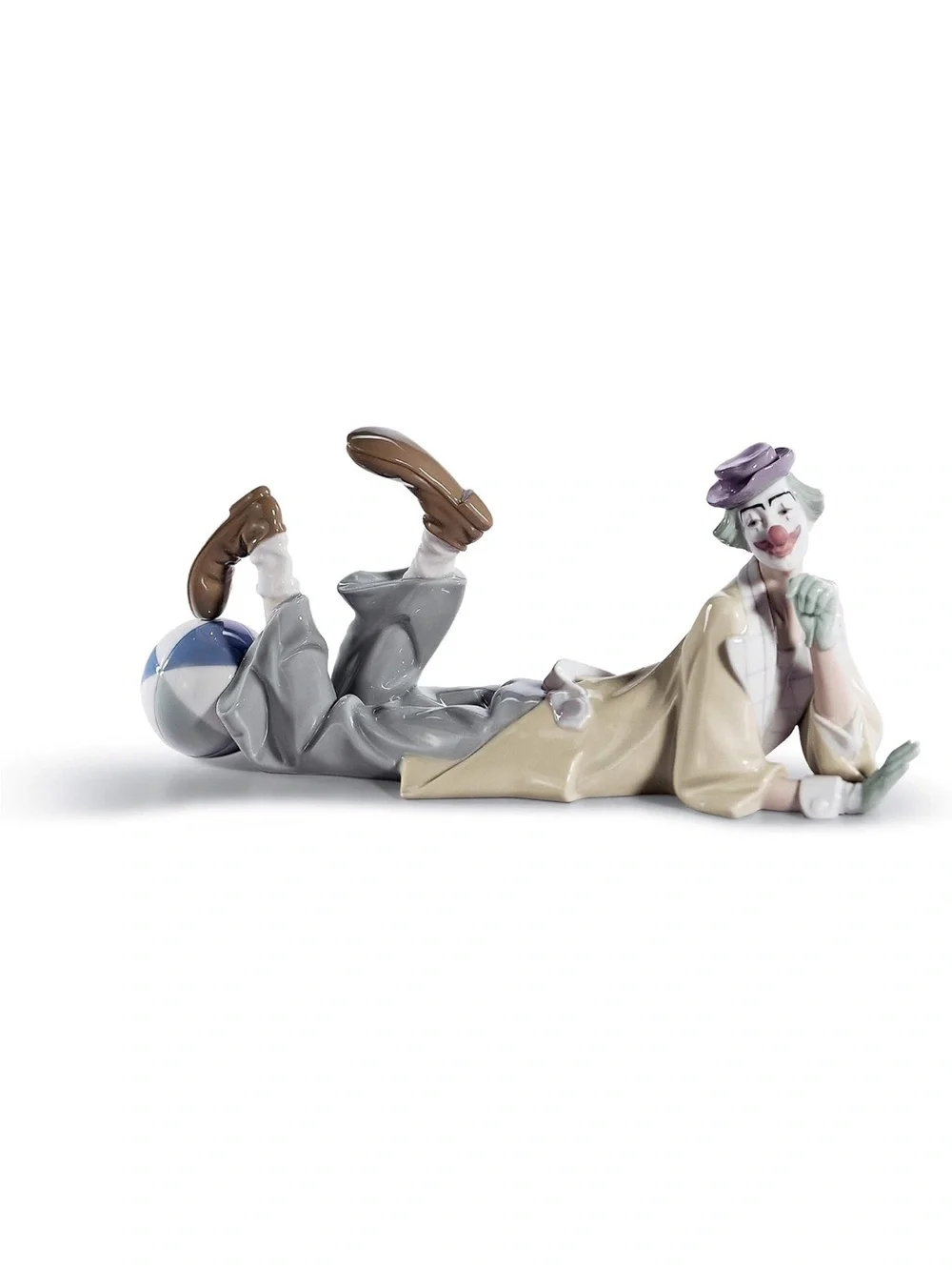 Lladro Porcelain Reclining Clown with Ball - Beige, Gray, Purple